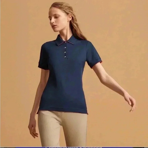 NWT Hermes Sellier Women’s Polo Short Sleeve Shirt Top Navy Blue L - Picture 1 of 15